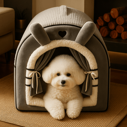 Niche-d-intérieur-pour-petit-chien-antidérapant-imperméable avec son coussin intérieur ergonomique amovible et déhoussable lavable en machine-en forme d'igloo chaud et entourant 100% coton pour une isolation thermique optimal-un petit chien couché confortablement dans sa petite maison avec coussin déhoussable et lavable en machine au design mignon en peluche dans le salon de l'appartement