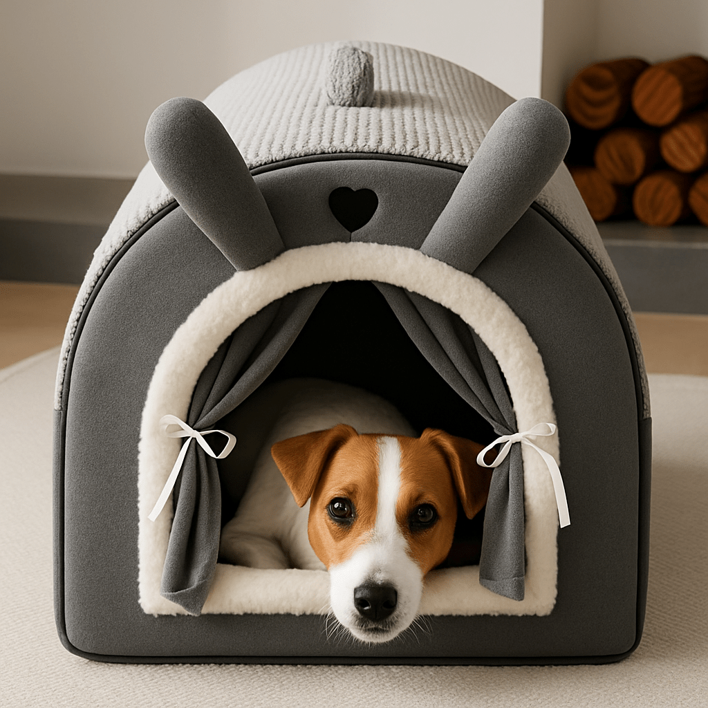Niche-d-intérieur-pour-petit-chien-antidérapant-imperméable avec son coussin intérieur ergonomique amovible et déhoussable lavable en machine-en forme d'igloo chaud et entourant 100% coton pour une isolation thermique optimal-un chien de petite taille couché au chaud et confortablement dans sa niche au design mignon en peluche dans le salon de l'appartement