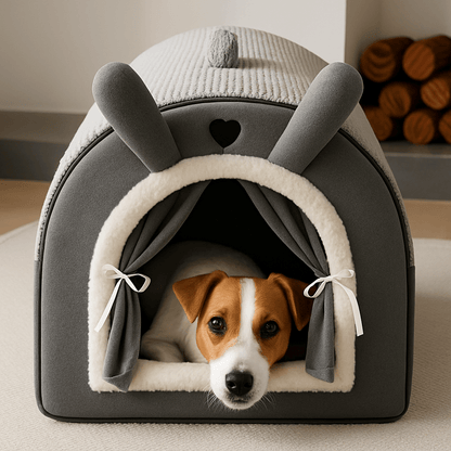 Niche-d-intérieur-pour-petit-chien-antidérapant-imperméable avec son coussin intérieur ergonomique amovible et déhoussable lavable en machine-en forme d'igloo chaud et entourant 100% coton pour une isolation thermique optimal-un chien de petite taille couché au chaud et confortablement dans sa niche au design mignon en peluche dans le salon de l'appartement