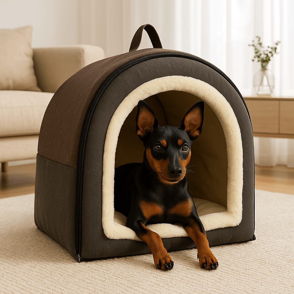 Niche-d-intérieur-pour-petit-chien-grotte-avec-coussin amovible intérieur rembourrage 100% coton haute densité et peluche douce et hypoallergénique-antidérapant et imperméable-en forme de dôme avec poignée de transport et ouverture par fermeture éclair des deux cotés, lavable et pliable pour chien de petite taille de 0 à 5 kg-Un chien de race Toy couché confortablement au chaud dans sa niche grise dans le salon douillet de la maison