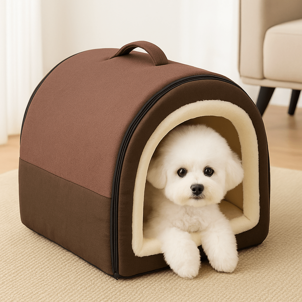 Niche-d-intérieur-pour-petit-chien-grotte-avec-coussin amovible intérieur rembourrage 100% coton haute densité et peluche douce et hypoallergénique-antidérapant et imperméable-en forme de dôme avec poignée de transport et ouverture par fermeture éclair des deux cotés, lavable et pliable pour chien de petite taille de 0 à 5 kg-Un petit chien blanc couché confortablement au chaud dans sa niche grise dans le salon douillet de l'appartement