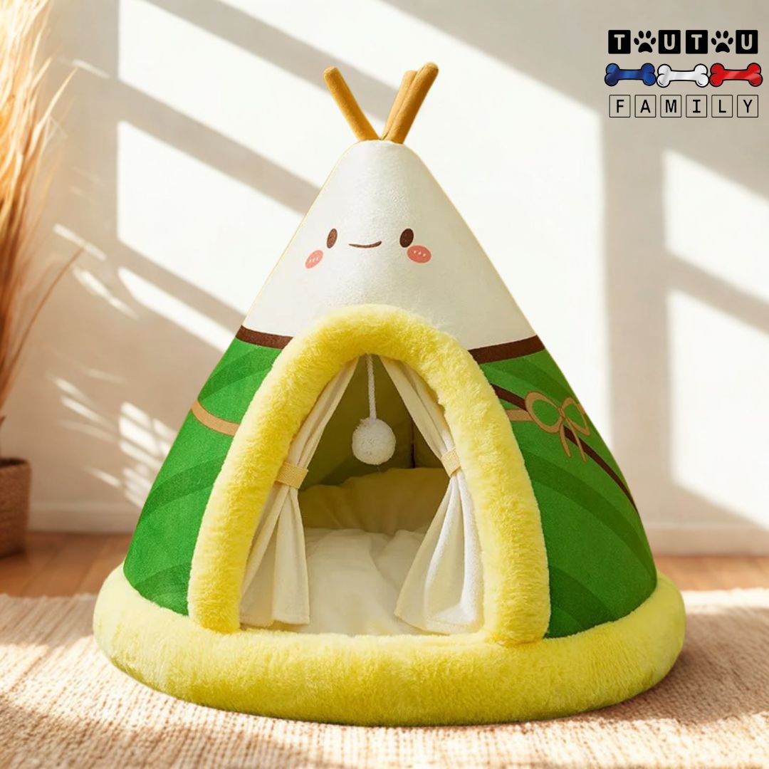 Niche-d-interieur-pour-petit-chien-tipi-avec rideaux occultant amovibles et son oreiller intérieur 100% coton et moelleux-lavable en machine antidérapant de couleur verte avec design élégant