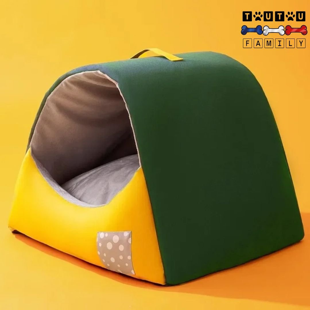 Niche-interieur-chien-antidérapant-lavable-en machine-transportable-légère et sécurisante en forme de grotte pour petit chien de couleur verte, jaune et gris au design moderne