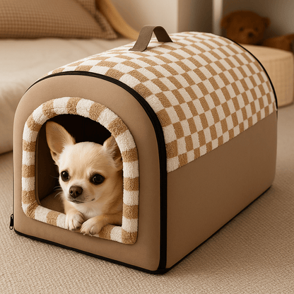 Niche-intérieur-chien-2-en-1-panier-pliable avec coussin intérieur amovible et lavable en machine, ergonomique 100% coton haute densité à mémoire de forme-chaud-doux avec poignée de transport-antidérapant et imperméable-3 tailles disponibles S, M et L pour chien de petite taille de 0 à 9 kilos-un chien nain couché confortablement dans sa niche  2 en 1 en niche fermée ou panier ouvert avec son toit pliable sur le lit de la chambre