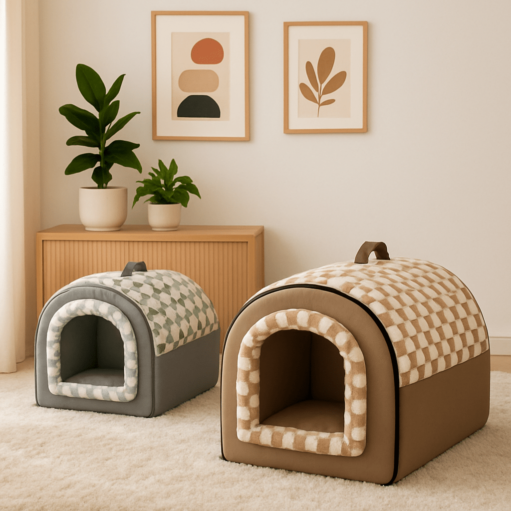 Niche-intérieur-chien-2-en-1-panier-pliable avec coussin intérieur amovible et lavable en machine, ergonomique 100% coton haute densité à mémoire de forme-chaud-doux avec poignée de transport-antidérapant et imperméable-3 tailles disponibles S, M et L pour chien de petite taille de 0 à 9 kilos-deux coloris disponible marron et gris au design vintage