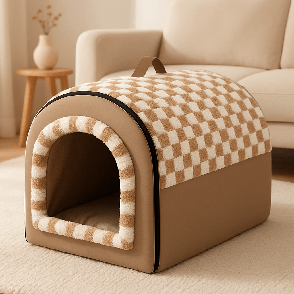 Niche-intérieur-chien-2-en-1-panier-pliable avec coussin intérieur amovible et lavable en machine, ergonomique 100% coton haute densité à mémoire de forme-chaud-doux avec poignée de transport-antidérapant et imperméable-3 tailles disponibles S, M et L pour chien de petite taille de 0 à 9 kilos-design vintage de couleur marron et beige