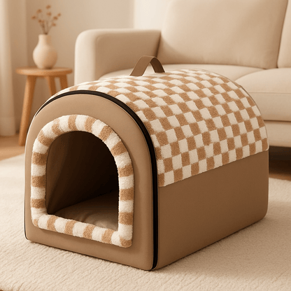 Niche-intérieur-chien-2-en-1-panier-pliable avec coussin intérieur amovible et lavable en machine, ergonomique 100% coton haute densité à mémoire de forme-chaud-doux avec poignée de transport-antidérapant et imperméable-3 tailles disponibles S, M et L pour chien de petite taille de 0 à 9 kilos-design vintage de couleur marron et beige