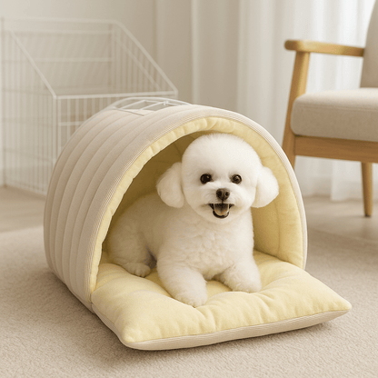 Niche-intérieur-chien-chiot-race de petites tailles et naines-chaud-douillet-rembourrage 100% coton haute densité et peluche avec son coussin intérieur épais et amovible, entièrement lavable en machine et antidérapant-léger et transportable avec deux boutons de pressions solides pour un effet tente en forme de dôme clipsable en version ouverte ou semi- fermée pour un effet sécurisant et anti anxiété idéale en voyage- un petit chien confortablement couché dans sa niche semi-fermée dans le salon de la maison