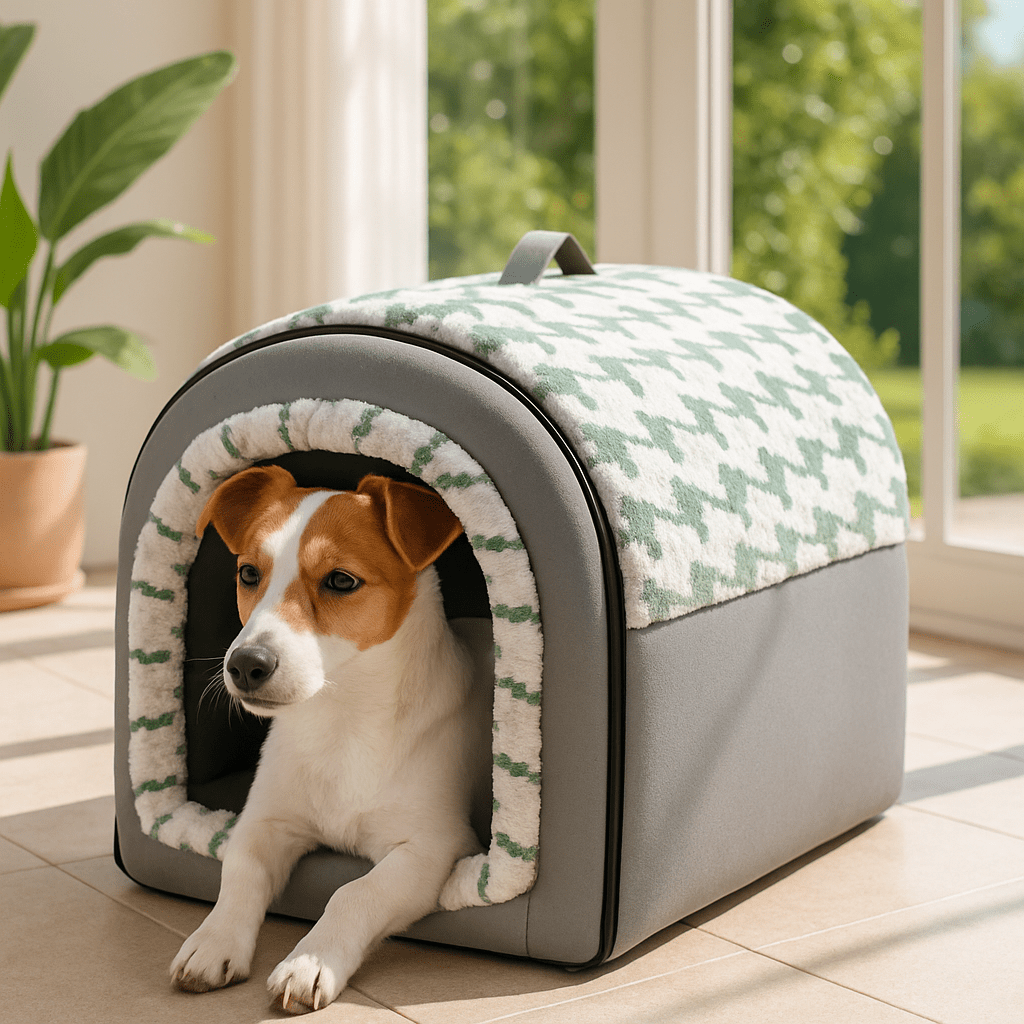 Niche-intérieur-chien-2-en-1-panier-pliable avec coussin intérieur amovible et lavable en machine, ergonomique 100% coton haute densité à mémoire de forme-chaud-doux avec poignée de transport-antidérapant et imperméable-3 tailles disponibles S, M et L pour chien de petite taille de 0 à 9 kilos-un chien de petite taille couché confortablement dans sa niche  2 en 1 en niche fermée ou panier ouvert avec son toit pliable dans la véranda de la maison