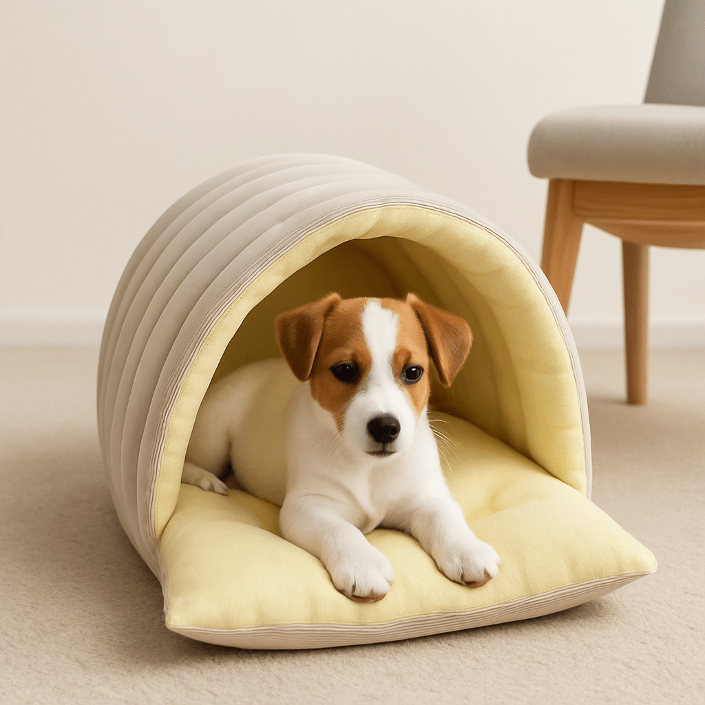 Niche-intérieur-chien-chiot-race de petites tailles et naines-chaud-douillet-rembourrage 100% coton haute densité et peluche avec son coussin intérieur épais et amovible, entièrement lavable en machine et antidérapant-léger et transportable avec deux boutons de pressions solides pour un effet tente en forme de dôme clipsable en version ouverte ou semi- fermée pour un effet sécurisant et anti anxiété idéale en voyage- un chiot confortablement couché dans sa niche en version ouverte dans le salon