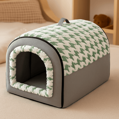 Niche-intérieur-chien-2-en-1-panier-pliable avec coussin intérieur amovible et lavable en machine, ergonomique 100% coton haute densité à mémoire de forme-chaud-doux avec poignée de transport-antidérapant et imperméable-3 tailles disponibles S, M et L pour chien de petite taille de 0 à 9 kilos-deux couleurs disponible gris et marron au design vintage en forme de grotte