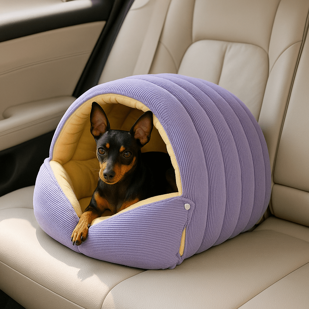 Niche-intérieur-chien-chiot-race de petites tailles et naines-chaud-douillet-rembourrage 100% coton haute densité et peluche avec son coussin intérieur épais et amovible, entièrement lavable en machine et antidérapant-léger et transportable avec deux boutons de pressions solides pour un effet tente en forme de dôme clipsable en version ouverte ou semi- fermée pour un effet sécurisant et anti anxiété idéale en voyage- un chien Toy confortablement couché dans sa niche semi-fermée sur les sièges de la voiture