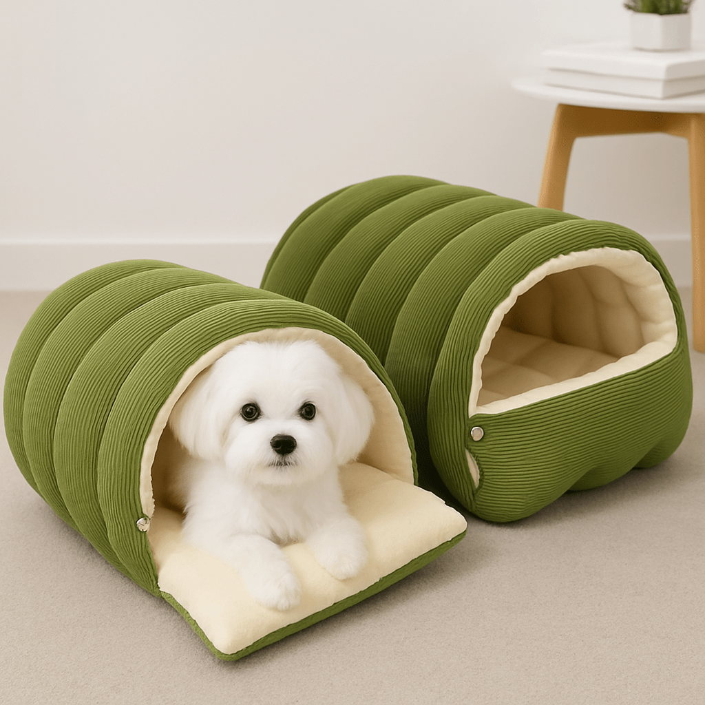 Niche-intérieur-chien-chiot-race de petites tailles et naines-chaud-douillet-rembourrage 100% coton haute densité et peluche avec son coussin intérieur épais et amovible, entièrement lavable en machine et antidérapant-léger et transportable avec deux boutons de pressions solides pour un effet tente en forme de dôme clipsable en version ouverte ou semi- fermée pour un effet sécurisant et anti anxiété idéale en voyage-les 2 versions en photo : ouverte ou semi fermée avec un petit chien blanc