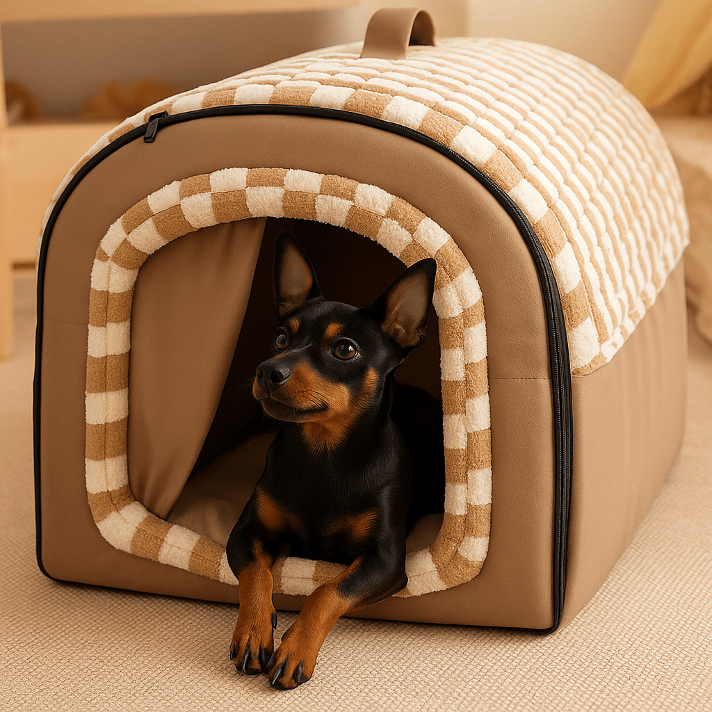 Niche-intérieur-chien-2-en-1-panier-pliable avec coussin intérieur amovible et lavable en machine, ergonomique 100% coton haute densité à mémoire de forme-chaud-doux avec poignée de transport-antidérapant et imperméable-3 tailles disponibles S, M et L pour chien de petite taille de 0 à 9 kilos-un chien de race naine couché confortablement dans sa niche 2 en 1 en niche fermée ou panier ouvert avec son toit pliable dans le salon de l'appartement