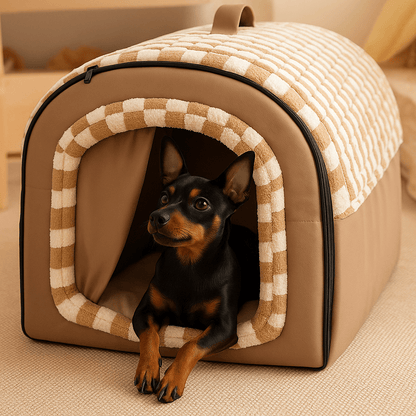 Niche-intérieur-chien-2-en-1-panier-pliable avec coussin intérieur amovible et lavable en machine, ergonomique 100% coton haute densité à mémoire de forme-chaud-doux avec poignée de transport-antidérapant et imperméable-3 tailles disponibles S, M et L pour chien de petite taille de 0 à 9 kilos-un chien de race naine couché confortablement dans sa niche 2 en 1 en niche fermée ou panier ouvert avec son toit pliable dans le salon de l'appartement