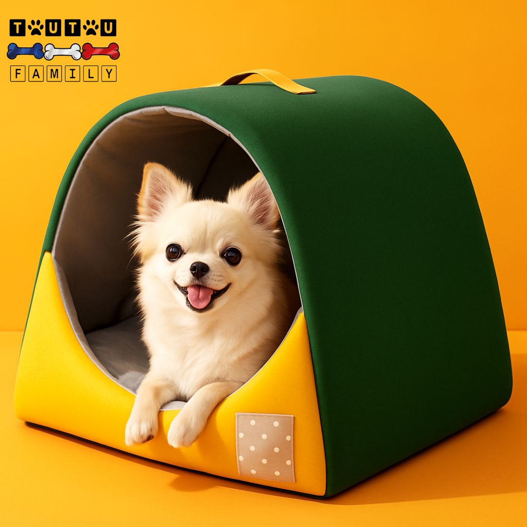 Niche-interieur-chien-imperméable-antidérapante-lavable en machine avec coussin-100% coton pour petit chien- Un chihuahua heureux dans sa niche chaude et confortable avec poignée de transport-Teckel miniature-Schnauzer- caniche nain- bichon frisé- Cairn terrier-Jack Russel-Pinscher nain-Coton de Tuléar-Shih tzu-Loulou de poméranie-Westie- Lhassa Apso- Yorkshire-Affenpinscher-Épagneul Papillon-Épagneul nain- terrier australien-Petit brabançon