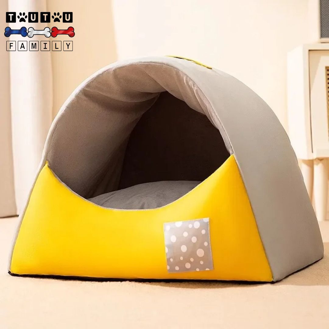 Niche-interieur-chien-jaune-et-gris-lavable-résistante-respirante et chaude-design-en forme de dôme pour petits chiens-Teckel miniature-Schnauzer- caniche nain- bichon frisé- Cairn terrier-Jack Russel-Pinscher nain-Coton de Tuléar-Shih tzu-Loulou de poméranie-Westie- Lhassa Apso- Yorkshire-Affenpinscher-Épagneul Papillon-Épagneul nain- terrier australien-Petit brabançon-chihuahua