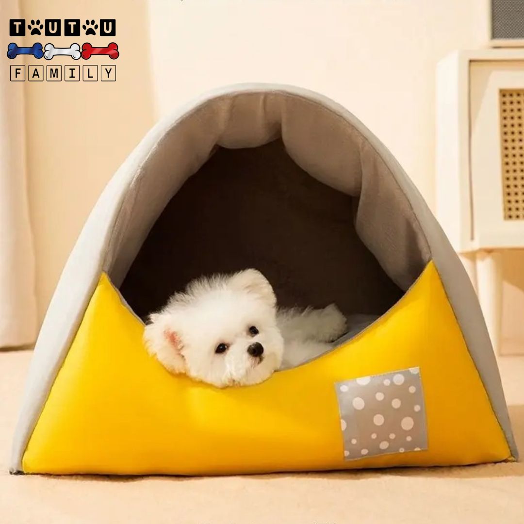 Niche-interieur-chien-lavable-un-coton-de-tuléar couché de tout son long dans sa niche design chaude avec sa tête reposant sur le rebord surélevé à l'avant du lit semi fermé-niche pour petit chien et chiot-Teckel miniature-Schnauzer- caniche nain- bichon frisé- Cairn terrier-Jack Russel-Pinscher nain-Shih tzu-Loulou de poméranie-Westie- Lhassa Apso- Yorkshire-Affenpinscher-Épagneul Papillon-Épagneul nain- terrier australien-Petit brabançon-chihuahua