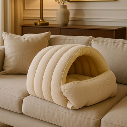 Niche-intérieur-chien-chiot-race de petites tailles et naines-chaud-douillet-rembourrage 100% coton haute densité et peluche avec son coussin intérieur épais et amovible, entièrement lavable en machine et antidérapant-léger et transportable avec deux boutons de pressions solides pour un effet tente en forme de dôme clipsable en version ouverte ou semi- fermée pour un effet sécurisant et anti anxiété idéale en voyage- pour chien de petite tailles et races naines de 0 à 7 kilos