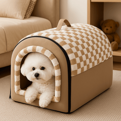 Niche-intérieur-chien-2-en-1-panier-pliable avec coussin intérieur amovible et lavable en machine, ergonomique 100% coton haute densité à mémoire de forme-chaud-doux avec poignée de transport-antidérapant et imperméable-3 tailles disponibles S, M et L pour chien de petite taille de 0 à 9 kilos-un petit chien blanc couché confortablement dans sa niche en forme de grotte dans le salon de la maison