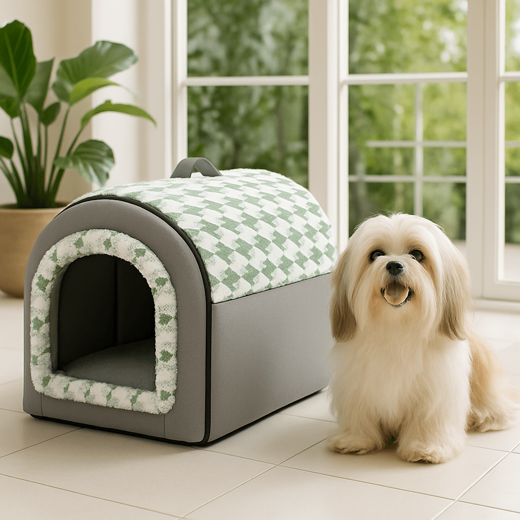 Niche-intérieur-chien-2-en-1-panier-pliable avec coussin intérieur amovible et lavable en machine, ergonomique 100% coton haute densité à mémoire de forme-chaud-doux avec poignée de transport-antidérapant et imperméable-3 tailles disponibles S, M et L pour chien de petite taille de 0 à 9 kilos-un Lhassa Apso assis confortablement avec sa niche 2 en 1 en niche ou en panier ouvert avec son toit pliable dans le salon de l'appartement