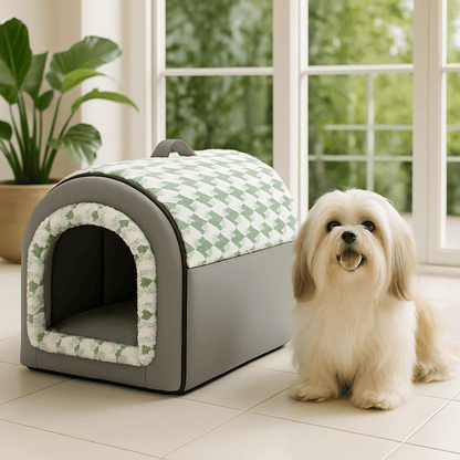 Niche-intérieur-chien-2-en-1-panier-pliable avec coussin intérieur amovible et lavable en machine, ergonomique 100% coton haute densité à mémoire de forme-chaud-doux avec poignée de transport-antidérapant et imperméable-3 tailles disponibles S, M et L pour chien de petite taille de 0 à 9 kilos-un Lhassa Apso assis confortablement avec sa niche 2 en 1 en niche ou en panier ouvert avec son toit pliable dans le salon de l'appartement