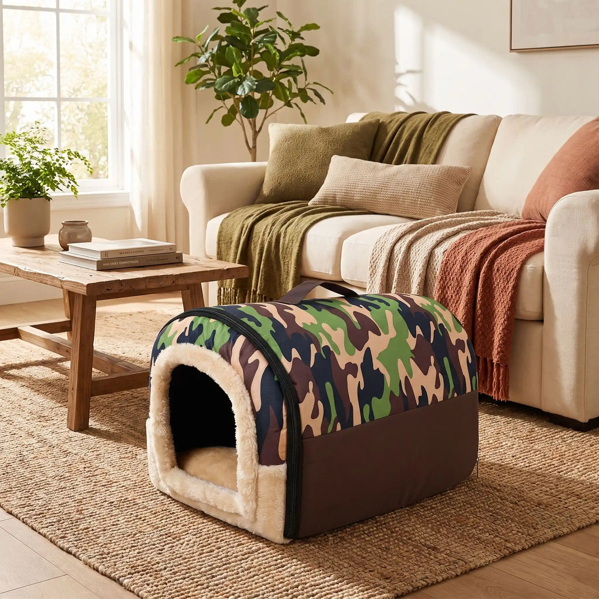 Niche pliable pour chien de petite-a-moyenne race, résistante, en forme d'igloo au design sécurisant fermé en arc de cercle avec un coussin rectangulaire au rembourrage 100% coton haute densité lavable,double face été en tissu/hiveren peluche  et fond antidérapant et extérieur 100% imperméable, transportable avec sa poignée, lavable- gros plan sur la niche douillette, chaude sécurisante à 360° qui protège du sol froid et des courant d'air avec design camouflage militaire dans le salon de l'appartement