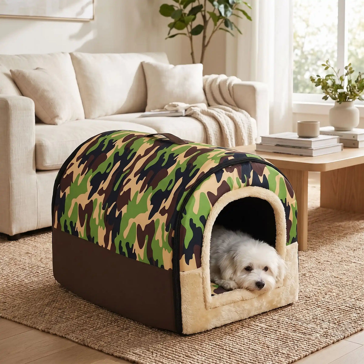 Niche pliable pour chien de petite-a-moyenne race, résistante, en forme d'igloo au design sécurisant fermé en arc de cercle avec un coussin rectangulaire au rembourrage 100% coton haute densité lavable,double face été en tissu/hiver en peluche  et fond antidérapant et extérieur 100% imperméable, transportable avec sa poignée, lavable- un chien de petite race couché confortablement au chaud dans sa niche douillette, chaude sécurisante à 360° avec design camouflage militaire dans le salon de la maison