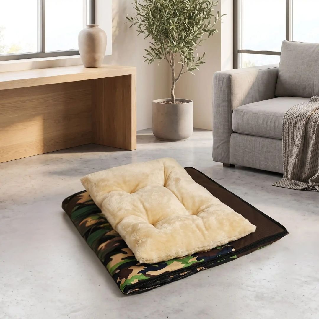 Niche pliable pour chien de petite-a-moyenne race, résistante, en forme d'igloo au design sécurisant fermé en arc de cercle avec un coussin rectangulaire au rembourrage 100% coton haute densité lavable,double face été en tissu/hiver en peluche  et fond antidérapant et extérieur 100% imperméable, transportable avec sa poignée, lavable- gros plan sur la niche douillette, chaude sécurisante à 360° avec design camouflage militaire en version plié avec son coussin épais et rembourré côté peluche sur le sol 