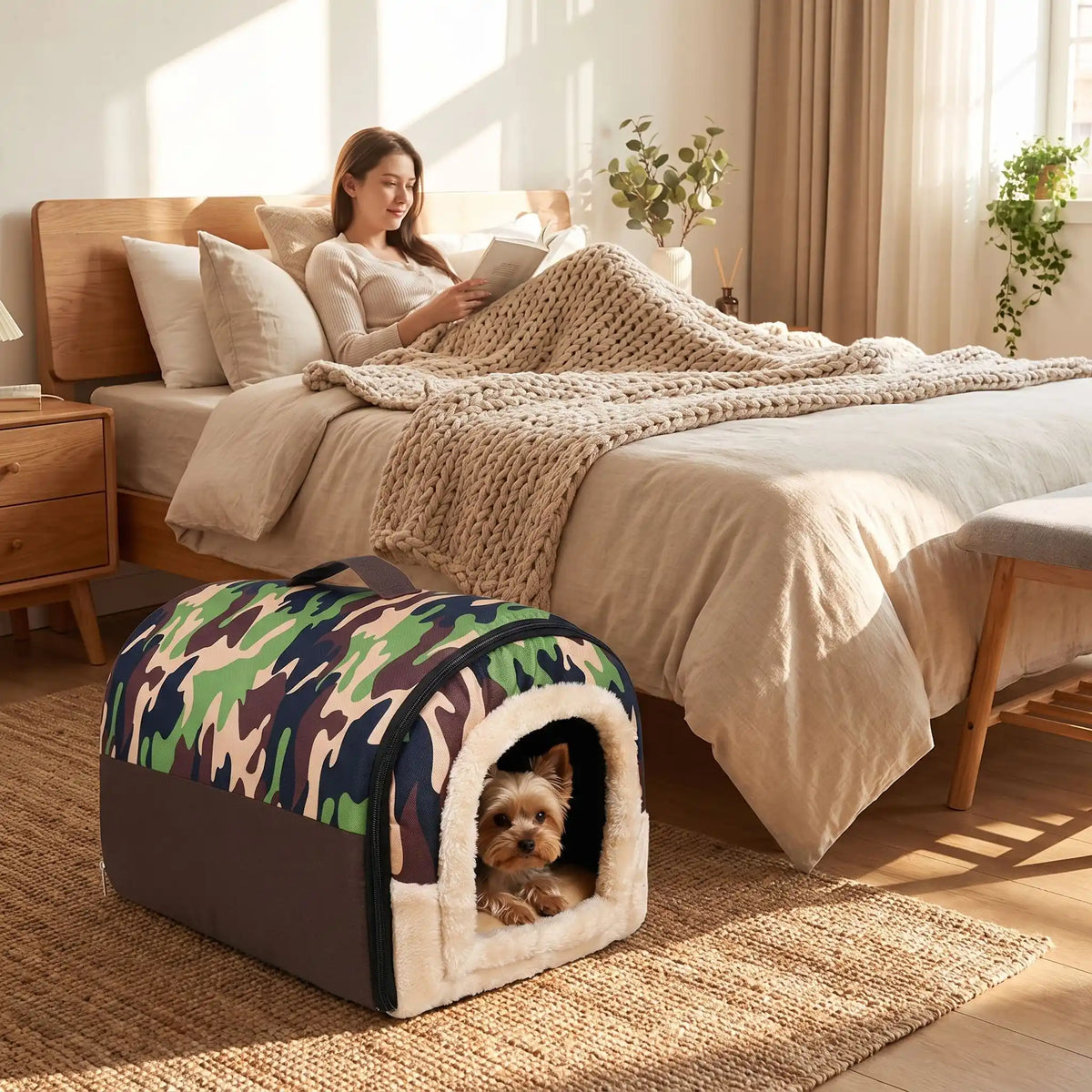 Niche pliable pour chien de petite-a-moyenne race, résistante, en forme d'igloo au design sécurisant fermé en arc de cercle avec un coussin rectangulaire au rembourrage 100% coton haute densité lavable,double face été en tissu/hiver en peluche  et fond antidérapant et extérieur 100% imperméable, transportable avec sa poignée, lavable- un chien de petite taille couché confortablement au chaud dans sa niche douillette, chaude sécurisante à 360° avec design camouflage militaire dans la chambre de la maison