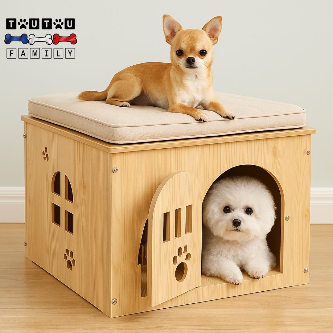 Niche-pour-chien-interieur-bois-chiot-rectangulaire-avec porte et verrou-un bichon frisé couché dans la niche en bois avec la porte ouverte et un chihuahua couché sur le dessus de la niche écologique 