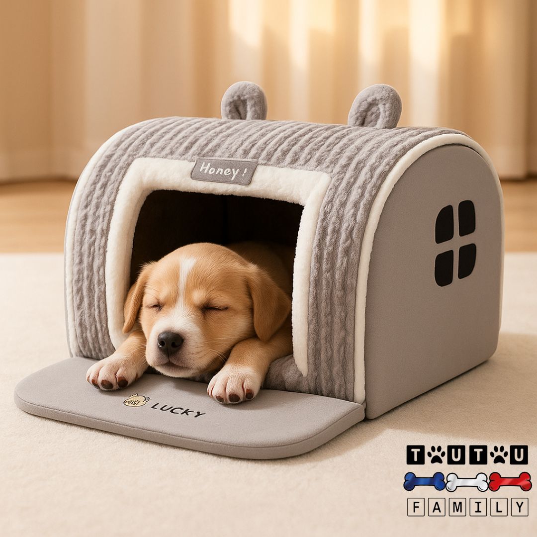 Niche-pour-chien-intérieur-chiot-un-chiot-qui-dort-paisiblement-dans-sa-niche-au-coloris-gris-chaude-et-douillette-lavable-en-machine-avec-son-coussin-100%-coton-amovible