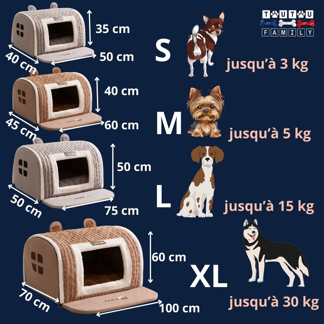 Niche-pour-chien-intérieur-guide-des-tailles-dimension des 4-modèles-disponibles-du-s-au-XL-pour-petit-à-chien-moyen-jusqu'à 25 kg