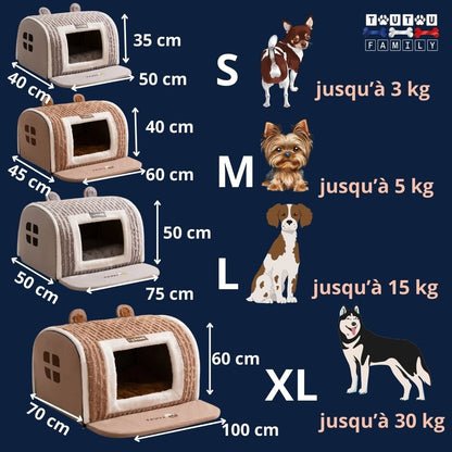 Niche-pour-chien-intérieur-guide-des-tailles-dimension des 4-modèles-disponibles-du-s-au-XL-pour-petit-à-chien-moyen-jusqu'à 25 kg