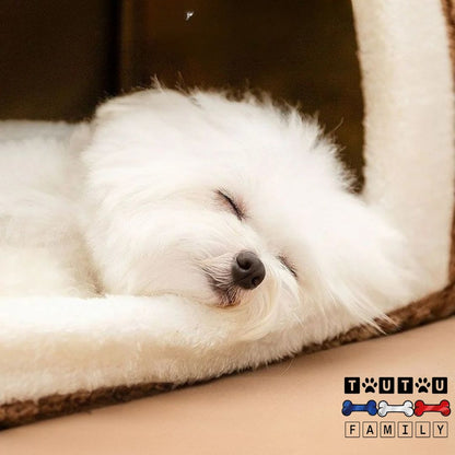 Niche-pour-chien-intérieur-lavable-un-bichon-maltais-qui-dort-la-tête-reposant sur le coussin-douillet-chaud-et-respirant, douillet et sécurisant pour-chiot-chiens-de-petite-à-moyenne taille 