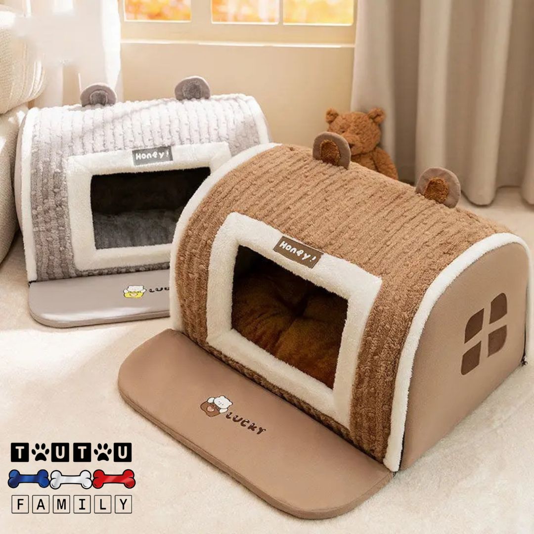 Niche-pour-chien-intérieur-maison-4-tailles-disponibles-pour-petit-à-chien-de-taille-moyenne-2-couleurs-gris-ou-marron-lavable-transportable-légère-polyvalente-coton-et-velours-avec-coussin-épais-amovible