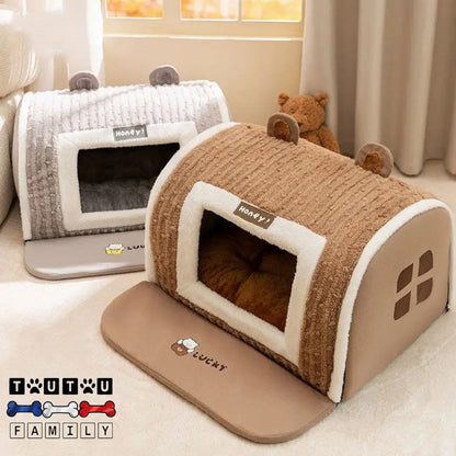 Niche-pour-chien-intérieur-maison-4-tailles-disponibles-pour-petit-à-chien-de-taille-moyenne-2-couleurs-gris-ou-marron-lavable-transportable-légère-polyvalente-coton-et-velours-avec-coussin-épais-amovible