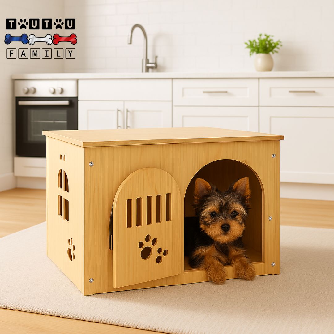 Niche-pour-petit-chien-intérieur-meuble-bois-un-yorkshire couché dans sa niche en bois avec fenêtre et ouverture design pour une ventilation optimale dans la cuisine 