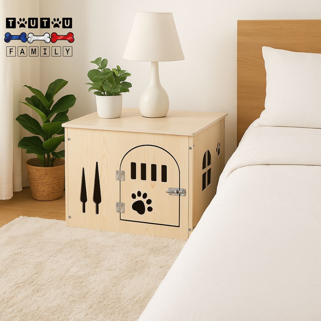 Niche-pour-chien-interieur-meuble-design-avec-porte et verrou-la niche en bois avec fenêtre et trous aération dans la chambre à côté du lit- 2 en 1 utilisé comme table de chevet avec une lampe et une plante posé sur  sa surface plate