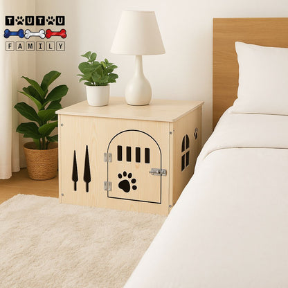 Niche-pour-chien-interieur-meuble-design-avec-porte et verrou-la niche en bois avec fenêtre et trous aération dans la chambre à côté du lit- 2 en 1 utilisé comme table de chevet avec une lampe et une plante posé sur  sa surface plate
