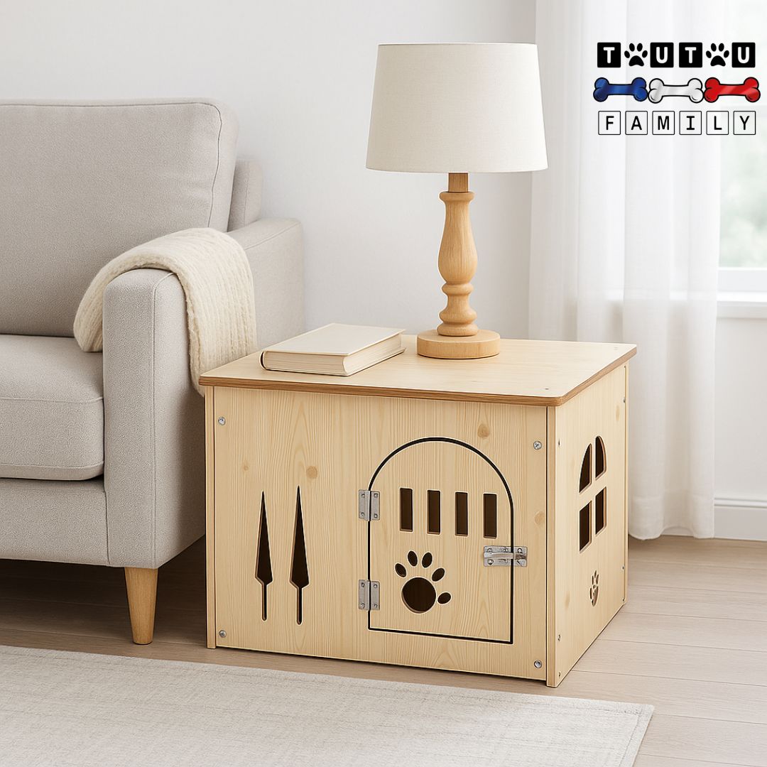 Niche-pour-chien-intérieur-meuble-en-bois-avec-porte-à-côté-d'un canapé avec lampe design et un livre posé sur le dessus plat de la niche en bois naturel et avec de nombreuse aération en forme design sculpté dans le bois