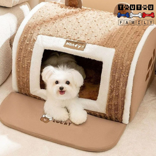 Niche-pour-chien-intérieur-unpetit-chien-couché-confortablement-au-chaud-isolé-du-sol-froid-à-l-abri-des-courants-d-air-dans-sa-niche-marron-douce-lavable-en-machine-avec-son-coussin-100%-coton-lavable-en-machine