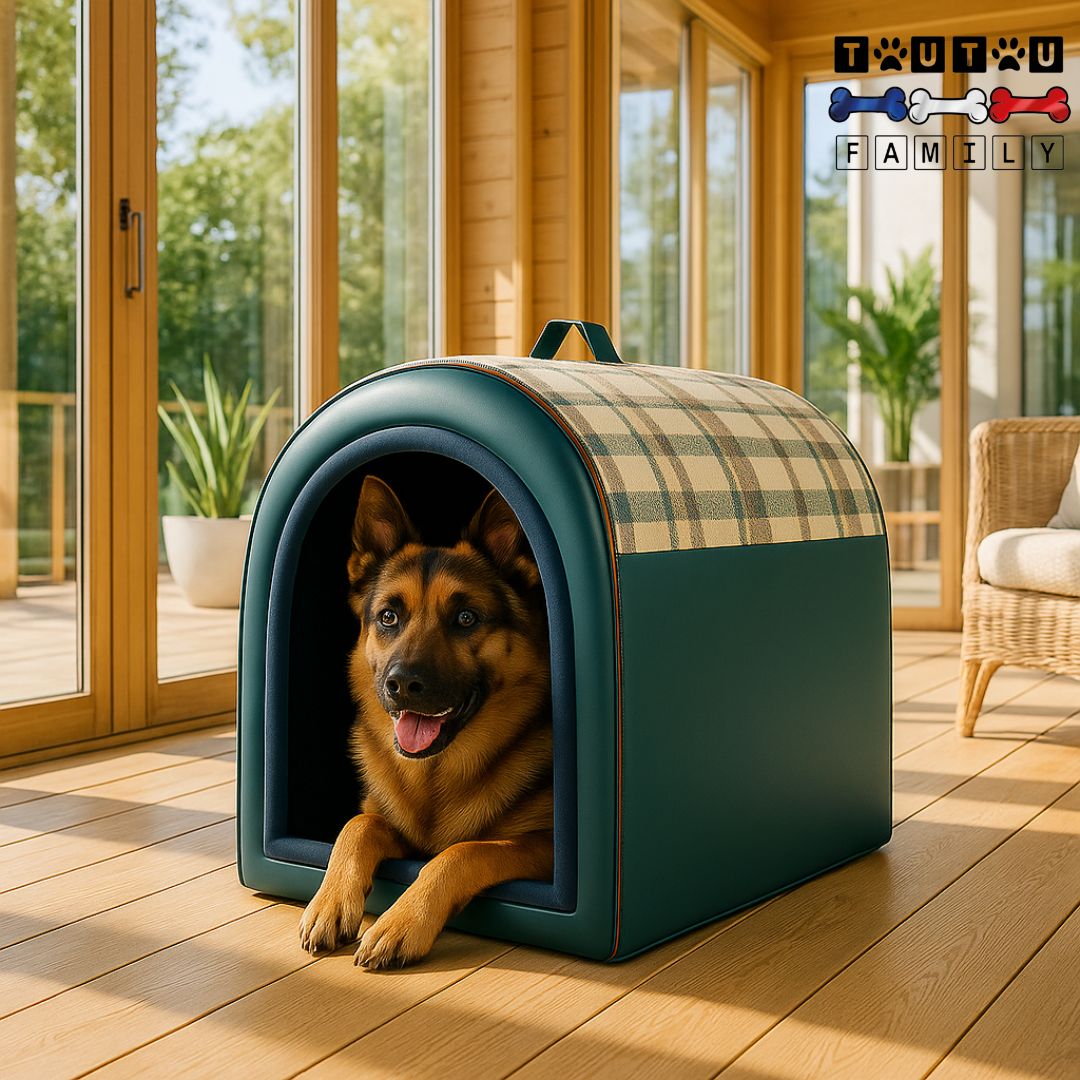 Niche-pour-chien-xxl-avec-coussin-un berger-allemand-couché confortablement et heureux dans sa niche 100% imperméable avec coussin épais et ergonomique 100% coton lavable en machine
