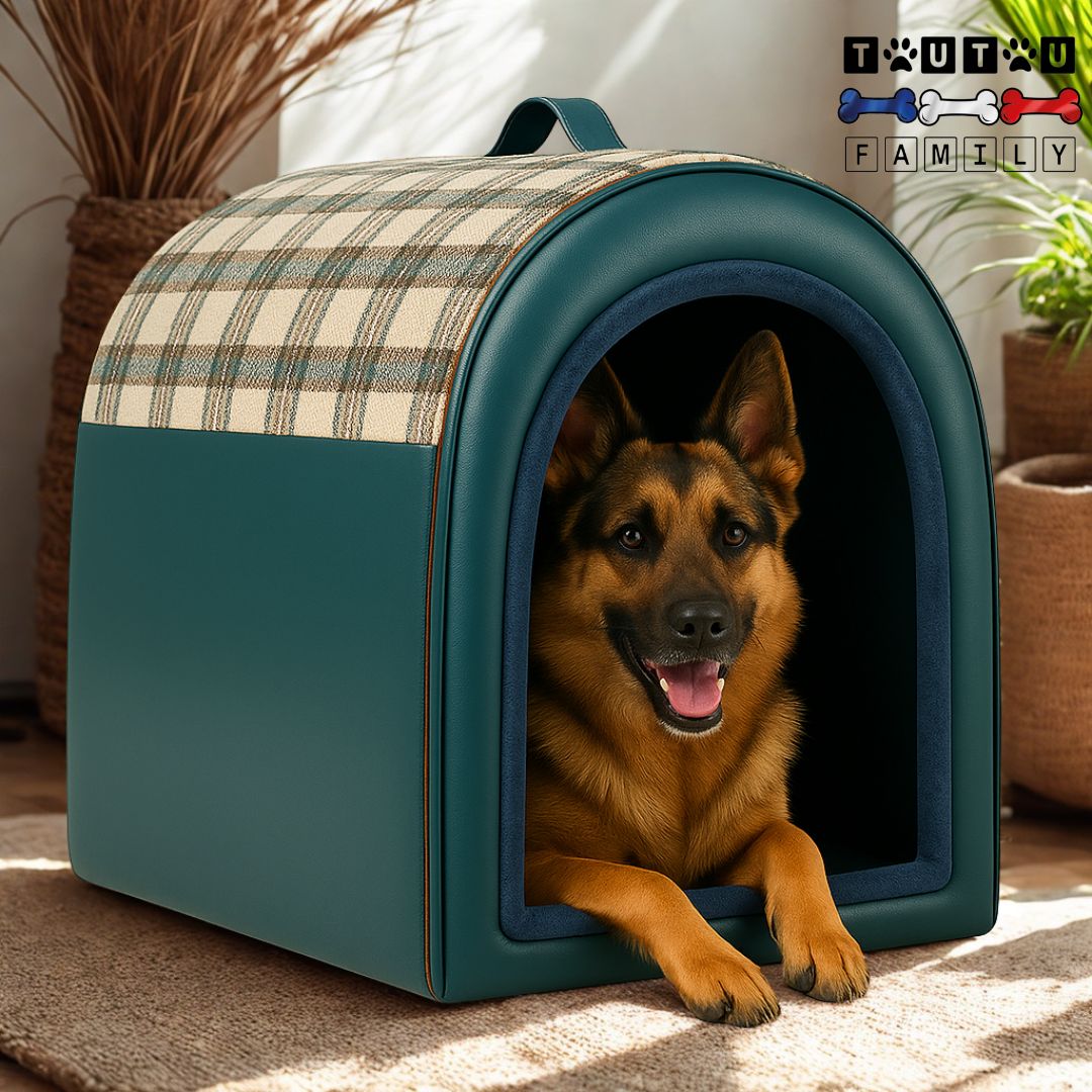 Niche-pour-chien-xxl-avec-poignée-de-transport-un grand chien qui se repose dans sa niche confortable et imperméable, lavable et antidérapante avec motif à carreaux, idéale pour le transport, les voyage, la maison