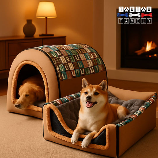 Niche-pour-chien-xxl-panier-pliable-et-transformable en panier rectangulaire ouvert avec le coussinn 100% coton haute densité. un corgi welsh couché dans la version panier et un golden retriever couché dans sa forme niche à côté dans un salon chaleureux avec une cheminée allumée au fond de la pièce