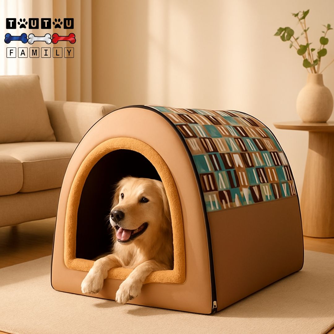 Niche-pour-chien-xxl-résistante-pliable-avec ses fermeture éclair-solide-100% imperméable-lavable et antidérapante-un grand chien couché de tout son long dans la grande niche pour grand chien