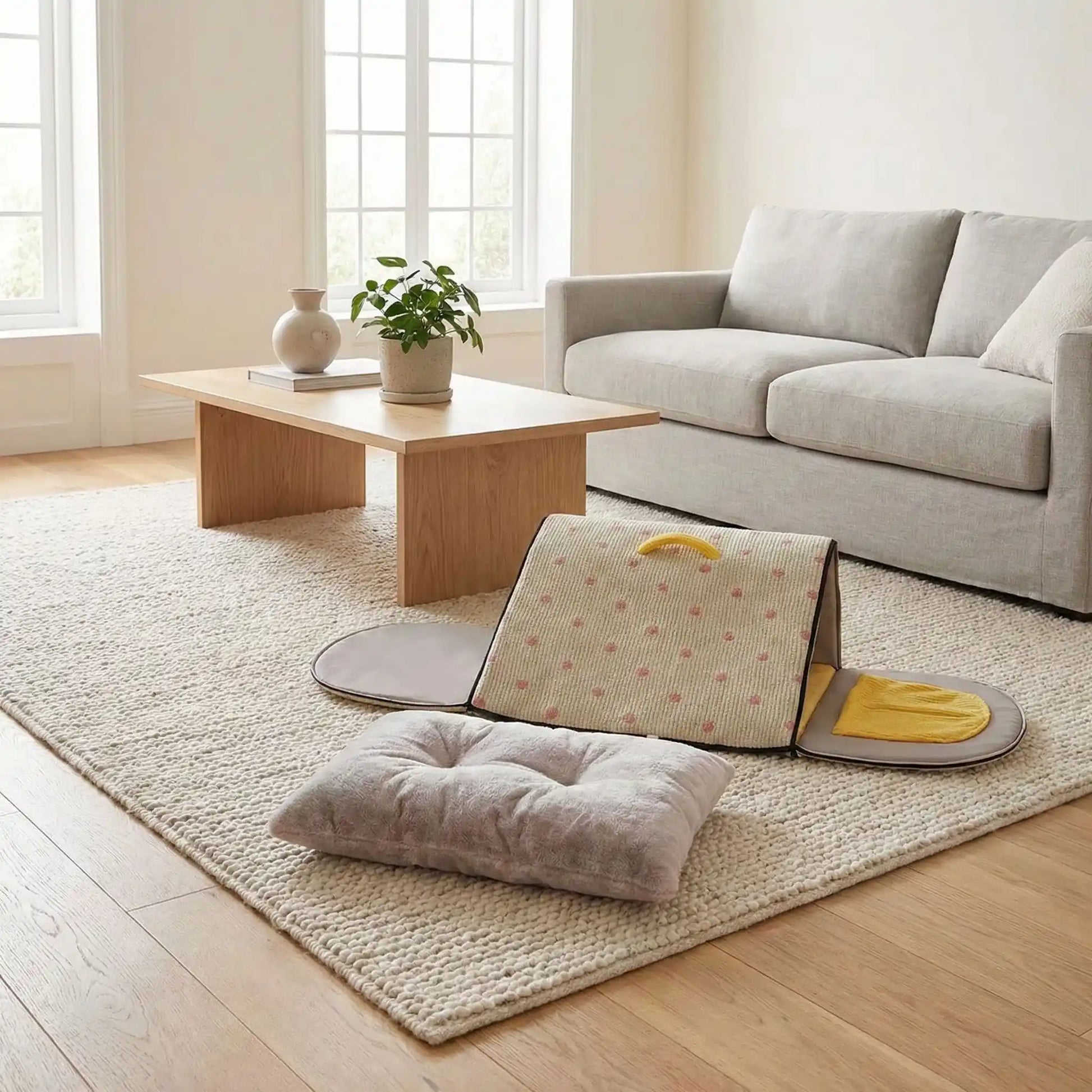 Niche-pour-chien_interieur-chiot-lavable-antiderapante lavable en machine à 30°C pour un entretien minimal,avec poignée de transport
Structure pliable facilitant le transport et le rangement
Isolation thermique naturelle contre le froid et les courants d'air
Design fermé aux stimuli visuels et sonores stressants
Trois tailles adaptées de 0 à 12 kg pour tous les petits à chiens moyens-photo du modèle gris en version plié avec la struture et le coussin interieur posé à côté sur le sol du salon de la maison