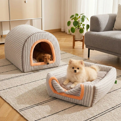 Niche-pour-chien_interieur-chiot-lavable-antiderapante lavable en machine à 30°C pour un entretien minimal,avec poignée de transport
Structure pliable facilitant le transport et le rangement
Isolation thermique naturelle contre le froid et les courants d'air
Design fermé aux stimuli visuels et sonores stressants
Trois tailles adaptées de 0 à 12 kg pour tous les petits à chiens moyens-un chiot couché sur la niche en version panier ouvert avec son coussin épais  et un petit qui dort dans la niche fermée
