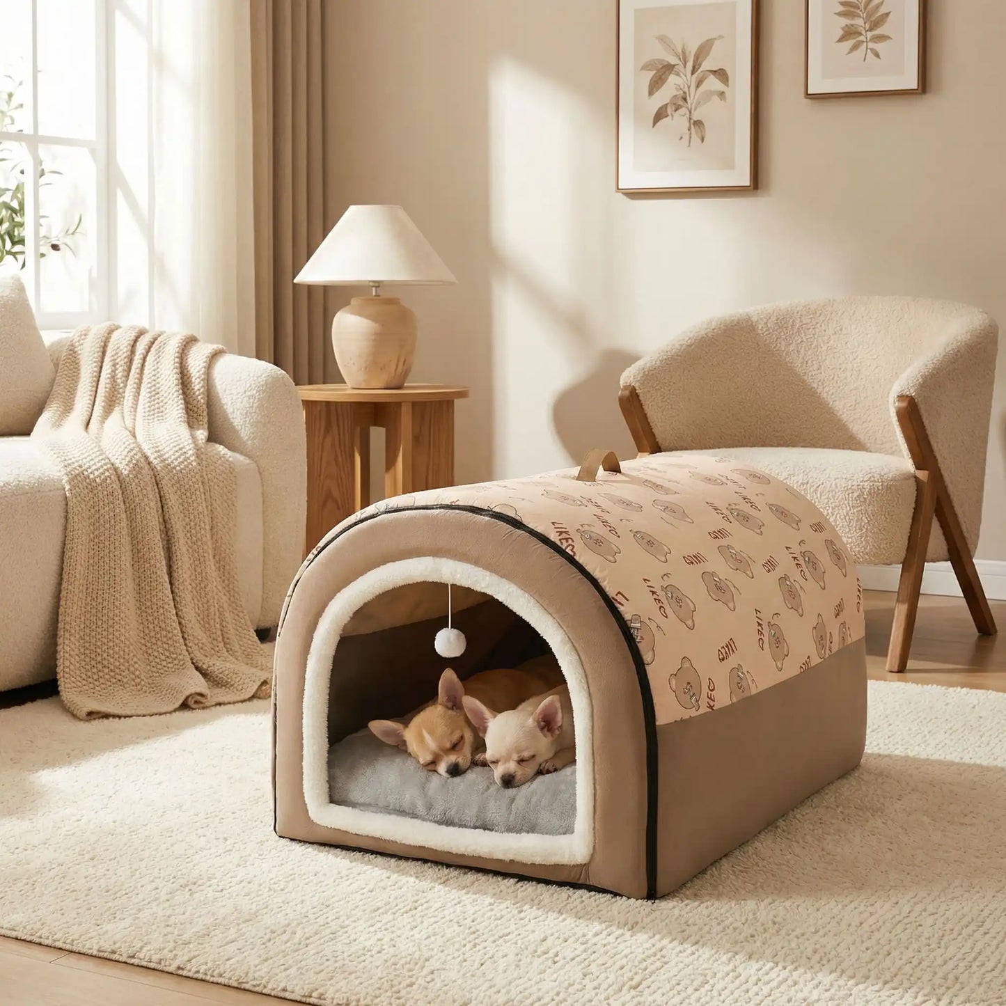 Niche-pour-chiot-anti-stress, en forme de grotte ou d'igloo semi-fermé pour une bonne isolation sonore qui protège du froid, un refuge sécurisé avec ubn coussin intérieur amovible et lavable en machine, structure robuste et pliable 100% imperméable et résistant, antidérapant, transportable avec sa poignée intégrée pour chiot de 0 à 15 kilos-deux chiots chihuahua qui dorment paisiblement dans la niche chaude et semi fermée de couleur grise dans le salon de la maison 