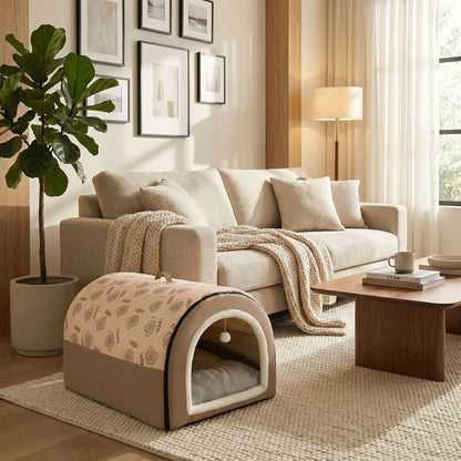 Niche-pour-chiot-anti-stress, en forme de grotte ou d'igloo semi-fermé pour une bonne isolation sonore qui protège du froid, un refuge sécurisé avec ubn coussin intérieur amovible et lavable en machine, structure robuste et pliable 100% imperméable et résistant, antidérapant, transportable avec sa poignée intégrée pour chiot de 0 à 15 kilos-modèle de couelur marron dans le salon de la maison